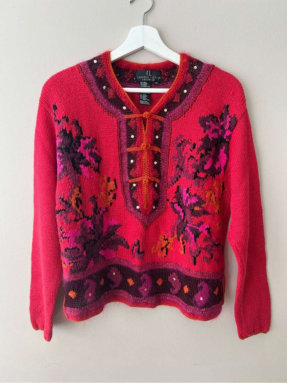 Vintage Carole Little Red Floral Knit Sweater